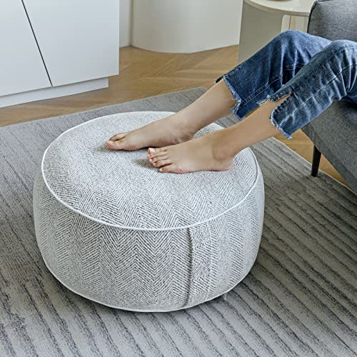 Inflatable Pouf Ottoman, 21x10 Inches Stuffed Chenille Ottoman with Inflatable PVC Liner, Foot Rest with Portable Handle, Round Floor Pillow for Living Room, Bedroom, Kids Room - color: Grey