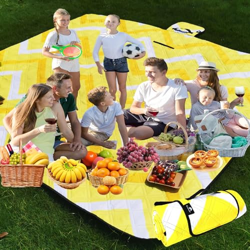 Picnic Blankets Machine Washable, 79''x79'' Extra Large Waterproof Foldable Compact Beach Blankets, Oversized XL Outdoor Mat for Spring Summer Camping, Park, Travel - color: Yellow Wave