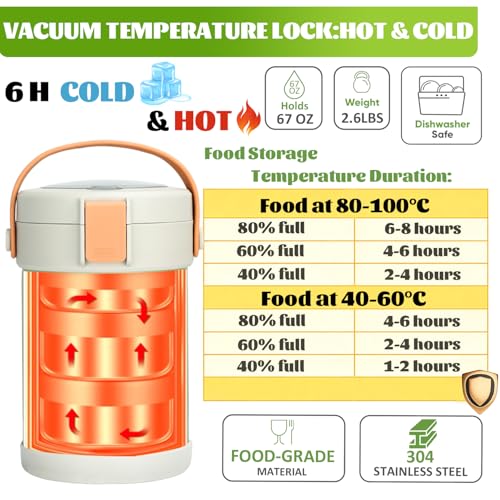 67oz/2L Thermo for Hot Food, 304 Stainless Steel Vacuum Insulated Soup Thermo, Leak-Proof Thermal Lunch Box with 3 Stackable Bento Boxes for Adults Office Travel Camping, Large thermo for hot food - color: stainless steels