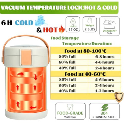 67oz/2L Thermo for Hot Food, 304 Stainless Steel Vacuum Insulated Soup Thermo, Leak-Proof Thermal Lunch Box with 3 Stackable Bento Boxes for Adults Office Travel Camping, Large thermo for hot food - color: green