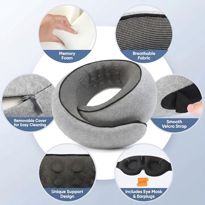 Memory Foam Neck Travel Pillow – 360° Adjustable Support, Breathable Washable Cover, Eye Mask & Earplugs, Carry Bag – Compact Airplane Pillow for Plane/Car/Train/Office (Grey) (Grey)
