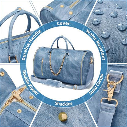 Garment Duffle Bag for Travel, Convertible 20.5×10×12.5 Inch Carry On Garment Bag for Women, Foldable Travel Bags with Shoe Compartment & Toiletry Pocket for Business Trip, Vacation, Blue - color: Lcing Blue