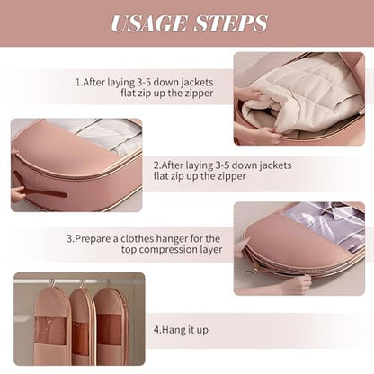 Space Saving Hanging Garment Bag With Self Compression Zipper,3 Pcs Garment Bags For Storage,Space Saving Hanging Garment Bags for Down Coat,Jackets Ect,Protects Clothes From Wrinkles（M,L,XL）