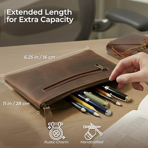 WANDERINGS Genuine Leather Pencil Pouch Case - Large 11" x 6.5" (28 x 16cm) - Hand Crafted Brown Leather Zipper Pouch - Slim Pencil Case Holder for Men and Women - size: Large (11"x6.25")
