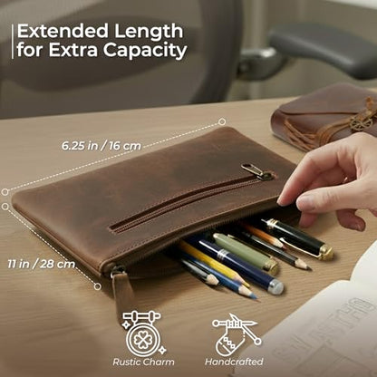 WANDERINGS Genuine Leather Pencil Pouch Case - Large 11" x 6.5" (28 x 16cm) - Hand Crafted Brown Leather Zipper Pouch - Slim Pencil Case Holder for Men and Women - size: Large (11"x6.25")