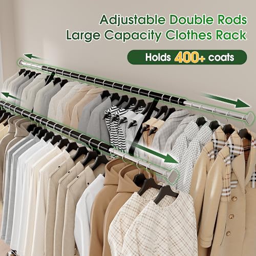 Raybee Heavy Duty Clothes Rack 630LBS, Double Rods Clothing Rack with Storage Basket, Portable Garment Rack for Heavy Clothes, Extendable & Adjustable, Bedroom, Closet, Commercial, Black - color: Black, style: Double Rods