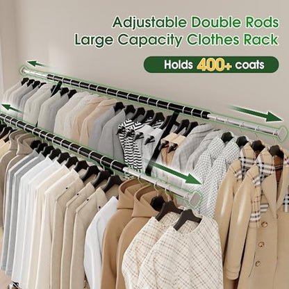 Raybee Heavy Duty Clothes Rack 630LBS, Double Rods Clothing Rack with Storage Basket, Portable Garment Rack for Heavy Clothes, Extendable & Adjustable, Bedroom, Closet, Commercial, Black - color: Black, style: Double Rods