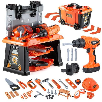 ZEALOUS TOYS Kids Tool Bench-Zealous 79pcs Transformable Set, Toddler Workbench Toy with Electric Drill, Pretend Construction Playset for Boys Girls Age 3+, Orange & Black, HB3222-3 - style: E-Kids Tool Bench
