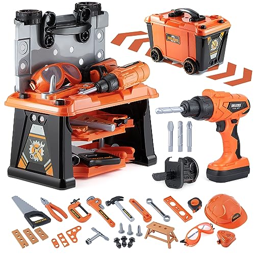 ZEALOUS TOYS Kids Tool Bench-Zealous 79pcs Transformable Set, Toddler Workbench Toy with Electric Drill, Pretend Construction Playset for Boys Girls Age 3+, Orange & Black, HB3222-3 - style: E-Kids Tool Bench