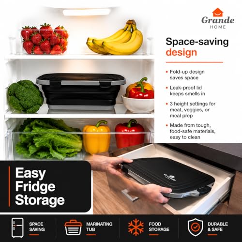 BBQ Prep Tub Collapsible EXTRA-LARGE w/Cutting Board, Locking Lid – Meal Prep Food Prep Containers w/Lids for Resting Meat –3 Adjustable Height - Ideal for Camping, Picnic, Dish Basin