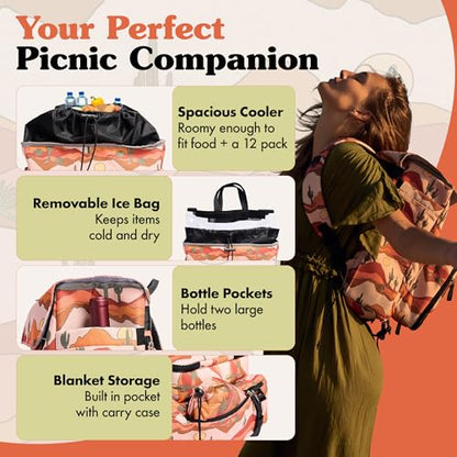 Lax & Daisy Travel Picnic Backpack for 2 Persons - 14 Piece Set Cooler Bags Insulated for Beach, Camping, Hiking & Parks with Blanket, Tumblers, Plates, Gold Cutlery & Cutting Board (Cactus Print) - color: Desert Daze