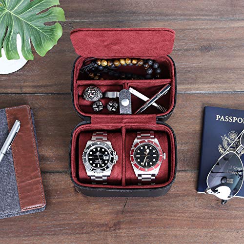 ROTHWELL Gift Set 6 Slot Leather Watch Box and 2 Watch Travel Case - Luxury Case Organizer, Microsuede Liner, Locking Mens Jewelry Watches Holder, Storage Boxes Glass Top (Black/Red Gift Set) - color: 6 Slot - Black/Red Gift Set