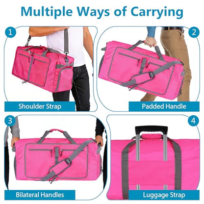 60L Duffle Bag with Shoes Compartment - Foldable&Large Capacity Travel Duffel Bags, Lightweight & Water-Resistant Gym Bag - Rose - color: 60L-Rose