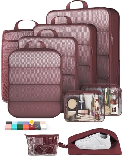 Veken 9/11 Set Compression Packing Cubes for Travel Essentials,Compressible Expandable Large Luggage Suitcase Organizer Bags for Clothing,Durable Space Saver Storage Bags with Toiletry Bags(Wine Red) - color: Wine Red, size: 9 set