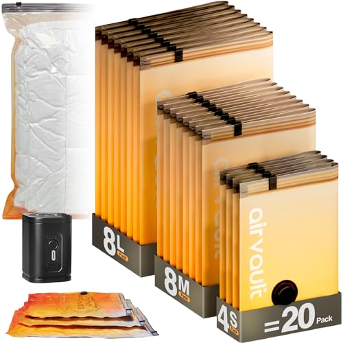 AirVault Vacuum Storage Bags for Travel & Home - Space Saver Compression Packing Bags Set for Clothes, Blankets & Seasonal Storage, Small (4), Medium (8), Large (8) (Orange,20-Pack Combo) - style: 20-Pack | Combo (S/M/L)