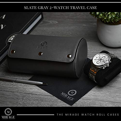 2 Watch Roll Travel Case for Men - Watch Holder and Storage for Travel - Slate Gray Swiss Motif Vegan Leather - color: Slate Gray 2-watch case