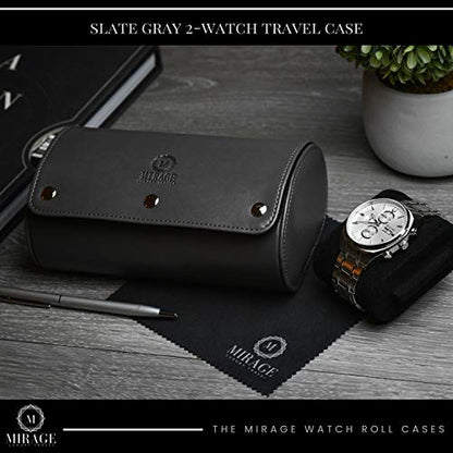 2 Watch Roll Travel Case for Men - Watch Holder and Storage for Travel - Slate Gray Swiss Motif Vegan Leather - color: Slate Gray 2-watch case