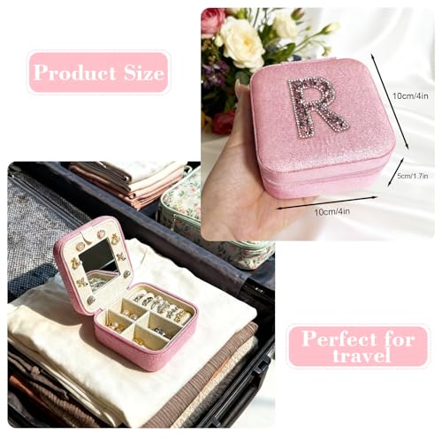 Travel jewelry case Travel jewelry box Travel Jewelry Organizer Small box Gift for Girls Women with Mirror (Pink + R) - color: Pink R