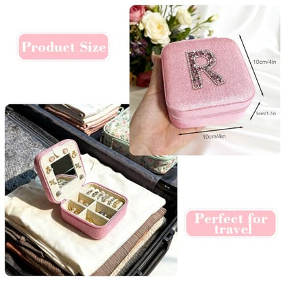 Travel jewelry case Travel jewelry box Travel Jewelry Organizer Small box Gift for Girls Women with Mirror (Pink + R) - color: Pink R