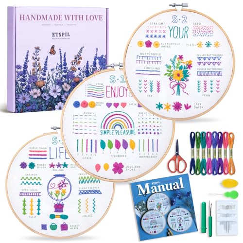 ETSPIL Embroidery Starter Kit for Adults, 3 Simple Patterns to Master 33 Stitches, Easy Step-by-Step 4K HD Video Tutorials & Bound Guide, DIY Craft Gift for Teens - color: simple A