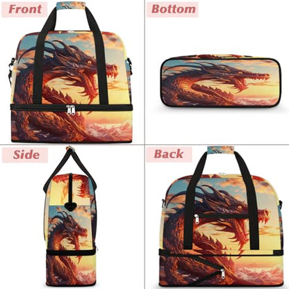 Travel Duffle Bags With Shoes Compartment for Women Men Cartoon Animal Dragon Lightweigh Sports Tote Gym Bag Foldable Canvas Weekender Overnight Carry On Luggage Handle Bag - color: print 10
