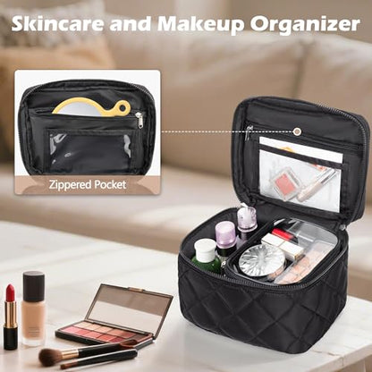 Travel Makeup Bag with 4 Clear Cases, Large Quilted Cosmetic Organizer for Women, Puffy Storage Bag for Cosmetics, Photos or Pill Bottles, Black (Empty Bag)