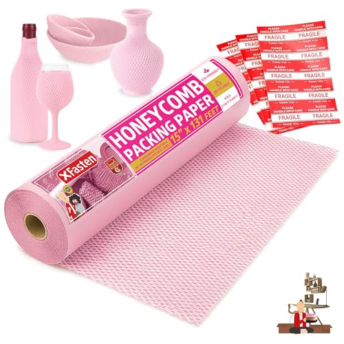 Pink Honeycomb Packing Paper for Moving 15-Inch x 131-Feet Bubble Honeycomb Wrap, Honeycomb Wrapping Paper for Packing Cushion with 30 Fragile Stickers Packing Supplies by Xfasten - color: Pink, size: 15-Inch x 131-Feet