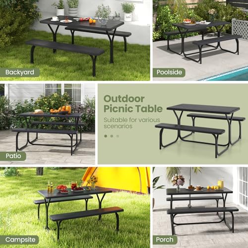 S AFSTAR Picnic Table, 59” Plastic Picnic Table with Benches, Steel Frame & Wood-Like Texture Tabletop, Expanded Rectangular Camping Table Chair Set for Garden Patio Lawn Deck (Black) - color: Black