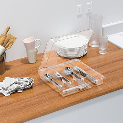 Utensil Holder for Countertop with Lid, Plastic Silverware Tray for Drawer, 5 Compartments Flatware Organizer,Transparent - color: Transparent