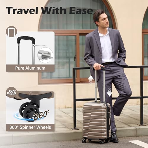 Coolife Carry On Luggage Airline Approved with Spinner Wheels, Hard Shell Suitcase TSA Lock Lightweight Travel Luggage 20-inch,Brown - color: brown, size: Small(20in)