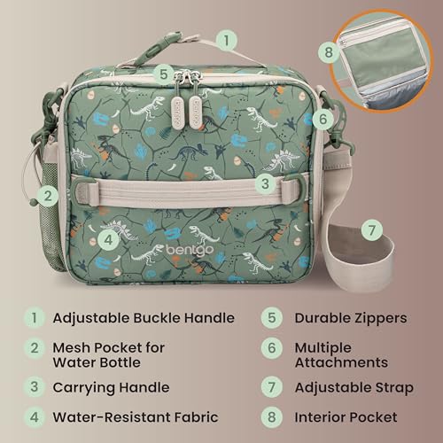 Bentgo Kids Lunch Bag - Durable, Double-Insulated Lunch Bag for Kids 3+; Holds Lunch Box, Water Bottle, & Snacks; Easy-Clean Water-Resistant Fabric & Multiple Zippered Pockets (Dino Fossils) - color: Dino Fossils
