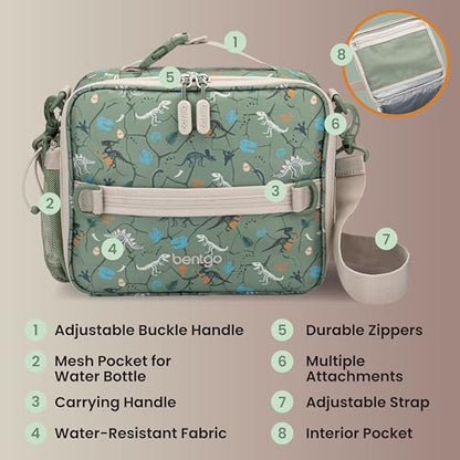 Bentgo Kids Lunch Bag - Durable, Double-Insulated Lunch Bag for Kids 3+; Holds Lunch Box, Water Bottle, & Snacks; Easy-Clean Water-Resistant Fabric & Multiple Zippered Pockets (Dino Fossils) - color: Dino Fossils