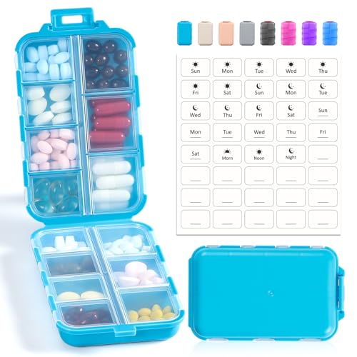 14 GRIDS Travel Pill Organizer Box with Labels - Travel Medicine Case Kit - Pocket Daily Pharmacy Container - Travel Medication Holder Dispenser for Fish Oil Vitamin Supplement Storage - Blue - color: Blue, size: with White Labels