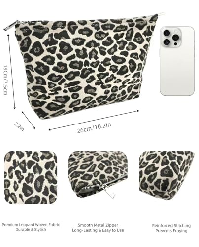 Brown Leopard Canvas Makeup Bag Organizer for Women & Girls - Large Capacity Travel Toiletry Pouch | Purse Organizer Cosmetic Zipper Bag - color: leopard print