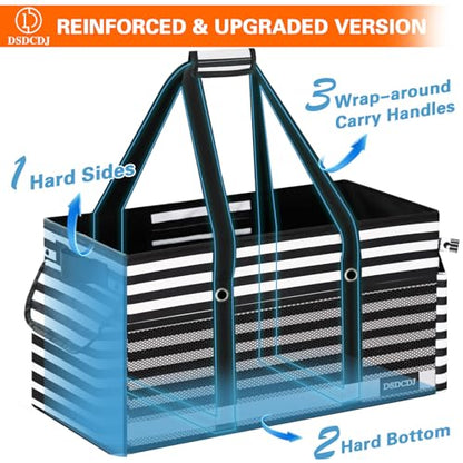Extra Large Utility Tote Bag with Reflective Strip, Standing Reusable Grocery Bags with Hard Bottom, Collapsible Utility Tote with Handles for Shopping, Beach, Picnics, Car, Striped Black - color: Striped Black