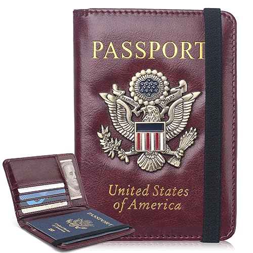 Passport Holder for Travel Women Men, Passport Wallet RFID Blocking US Passport Cover Case, Waterproof Leather Travel Documents Holder with Vaccine Card Slot, Ticket Organizer Carrier - color: Burgundy