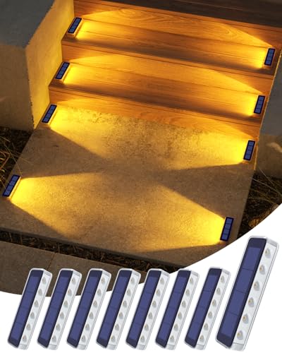 DetarZinLED Solar Step Lights for Outside,8 Pack Solar Stair Lights Outdoor Waterproof,Warm White Deck Light Solar Powered Waterproof for Steps,Stairs,Walkway,Sidewalk,Patio,Pathway - color: Warm White, size: 8 Pack