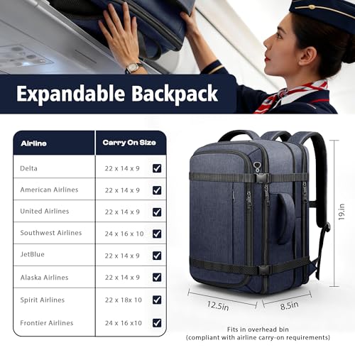 Flight Approved Travel Backpack with LifetimeWarranty,Expandable Carry on Backpack 40-50L with Cable Access Port,Fits 17.3"Laptop,Flight TSA friendly,Anti Theft Laptop Backpack Travel,Commuting,Blue - color: Blue, size: 17.3inch (19"x12.5"x8.5")