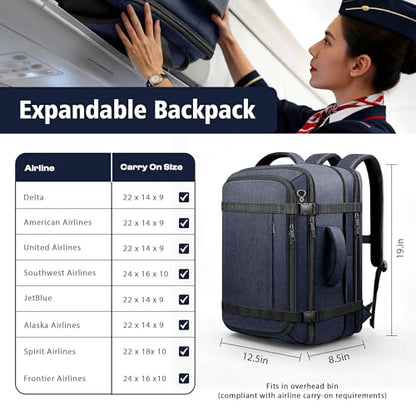 Flight Approved Travel Backpack with LifetimeWarranty,Expandable Carry on Backpack 40-50L with Cable Access Port,Fits 17.3"Laptop,Flight TSA friendly,Anti Theft Laptop Backpack Travel,Commuting,Blue - color: Blue, size: 17.3inch (19"x12.5"x8.5")