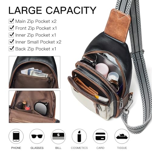LATMAP 7L Sling Bag for Women Men Leather Small Sling Backpack Daypack Anti Theft Fanny Pack Crossbody Purse Travel - color: Regular Size-black and Brown With Beige