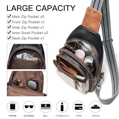 LATMAP 7L Sling Bag for Women Men Leather Small Sling Backpack Daypack Anti Theft Fanny Pack Crossbody Purse Travel - color: Regular Size-black and Brown With Beige