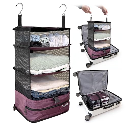 Grand Fusion Stow-N-Go Hanging Travel Shelves, Packing Organizer for Luggage. Carry on Closet for Suitcase. Expandable Packing Cube. Travel Essentials. (Burgundy - L, L = (L) 11.8" x (W) 11.8") - color: Burgundy, size: L = (L) 11.8" x (W) 11.8"