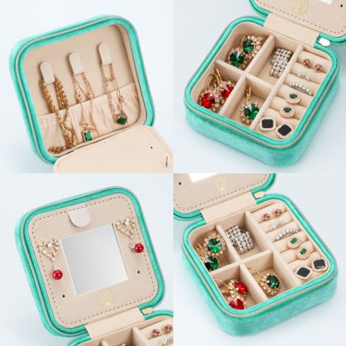 ZPROW Plush Velvet Travel Jewelry Case, Travel Jewelry Organizer, Jewelry Travel Case, Travel Jewelry Box, Small Jewelry Case, Jewelry Travel Box, Earring Organizer with Mirror - CyanBlue - color: Velvet 1 Pack - CyanBlue
