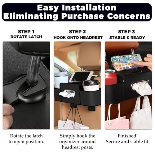 4-in-1 Car Organizer Back Seat,Upgraded Multifunctional Back Seat Car Organizer,Partition Design,Multi-Hanging Storage Box with 2 Cup Holders,Tissue Box, for Hold Mobile Phone(Black)
