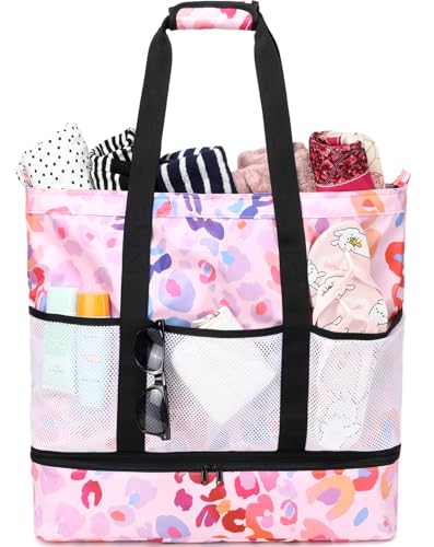 JIANYA Beach Bag Women Waterproof Sandproof Beach Tote Bags with Cooler Top Zipper Large Totes for Pool Travel Daily - color: Pink Leopard-pink