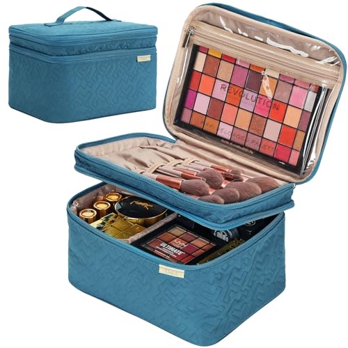 NISHEL Large Double Layer Travel Makeup Bag Women, Cosmetic Case, Organizer for Travel-Size Accessories Bottles, Brushes, Conditioner, and Skin Care Products, Lake Blue - color: Lake Blue, size: Large