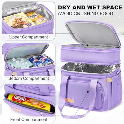 MAPLELILY Lunch Box for Men Women - Double Deck Insulated Lunch Bag, Large Leak Proof Tote Cooler, Wide Open Dual Compartment Lunch Bags with Shoulder Strap, For Work Picnic Hiking Beach, Purple - color: Purple