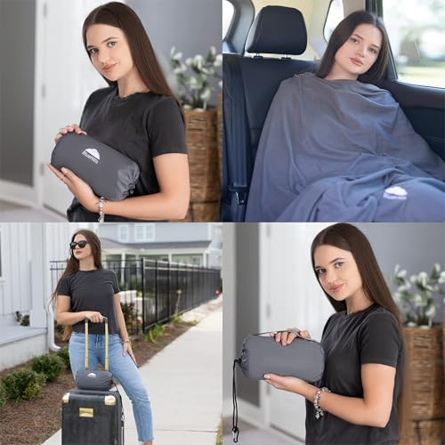 BlueHills Ultra Compact Travel Blanket Pillow in Portable Bag Case Soft 70 X 56 with Strap Backpack Clip Premium Cozy Soft Compact Pack Large Blanket for Airplane Flight Layover Grey - Gray C002 - color: C002-gray
