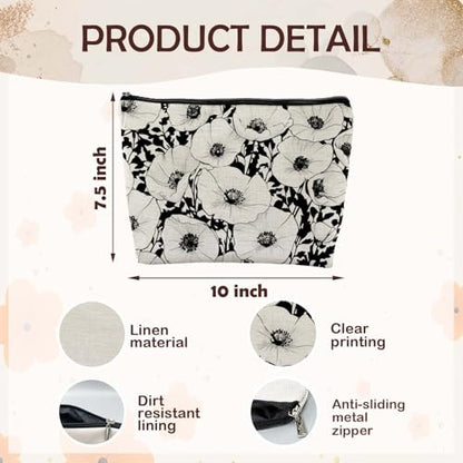 Black and White Poppy Floral Makeup Cosmetic Bag for Women, Modern Botanical Flower Aesthetic Portable Travel Toiletry Bag Zipper Makeup Pouch - color: Flower three