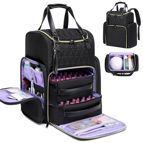 Nail Bag Organizer Case Backpack, Nail Bag Holds 80 Bottles (15ml-0.5 fl.oz) and Nail Lamp, Nail Polish Case with 2 nail polish Bag, Portable Travel Backpack for Nail Tech Supplies Manicure Tools - color: Black